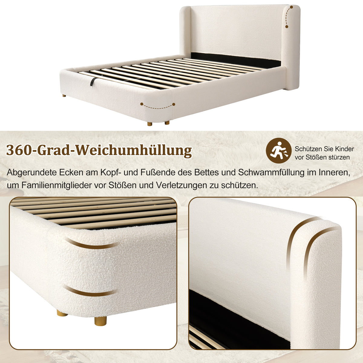 Upholstered Double Bed 160x200 with Hydraulic Storage, Beige Bouclé