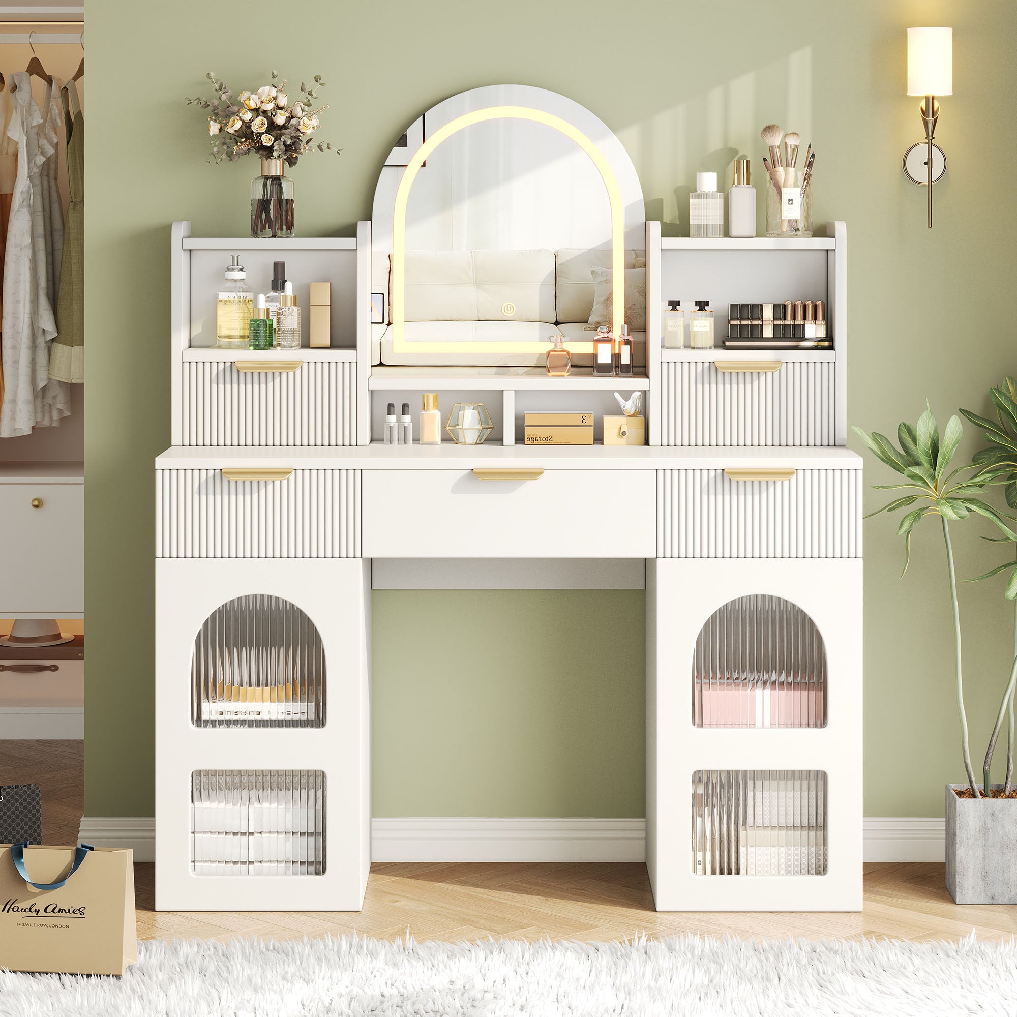 Large Dressing Table with LED Mirror, 3 Drawers & Shelves, White