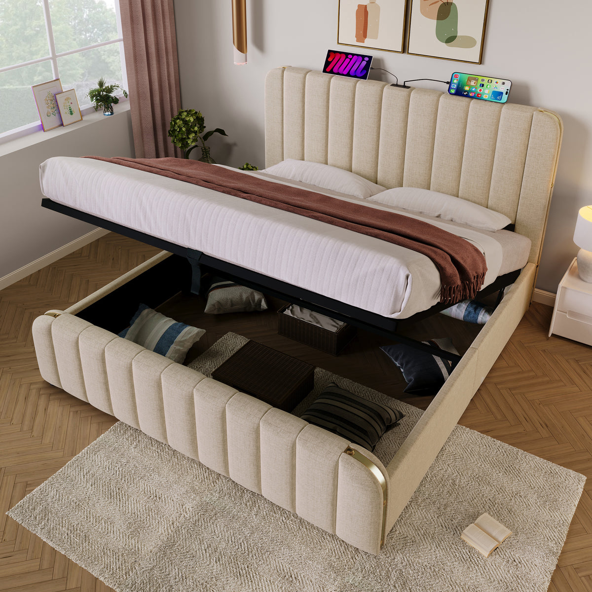 Upholstered Bed 180x200 with USB & Storage - Beige Linen