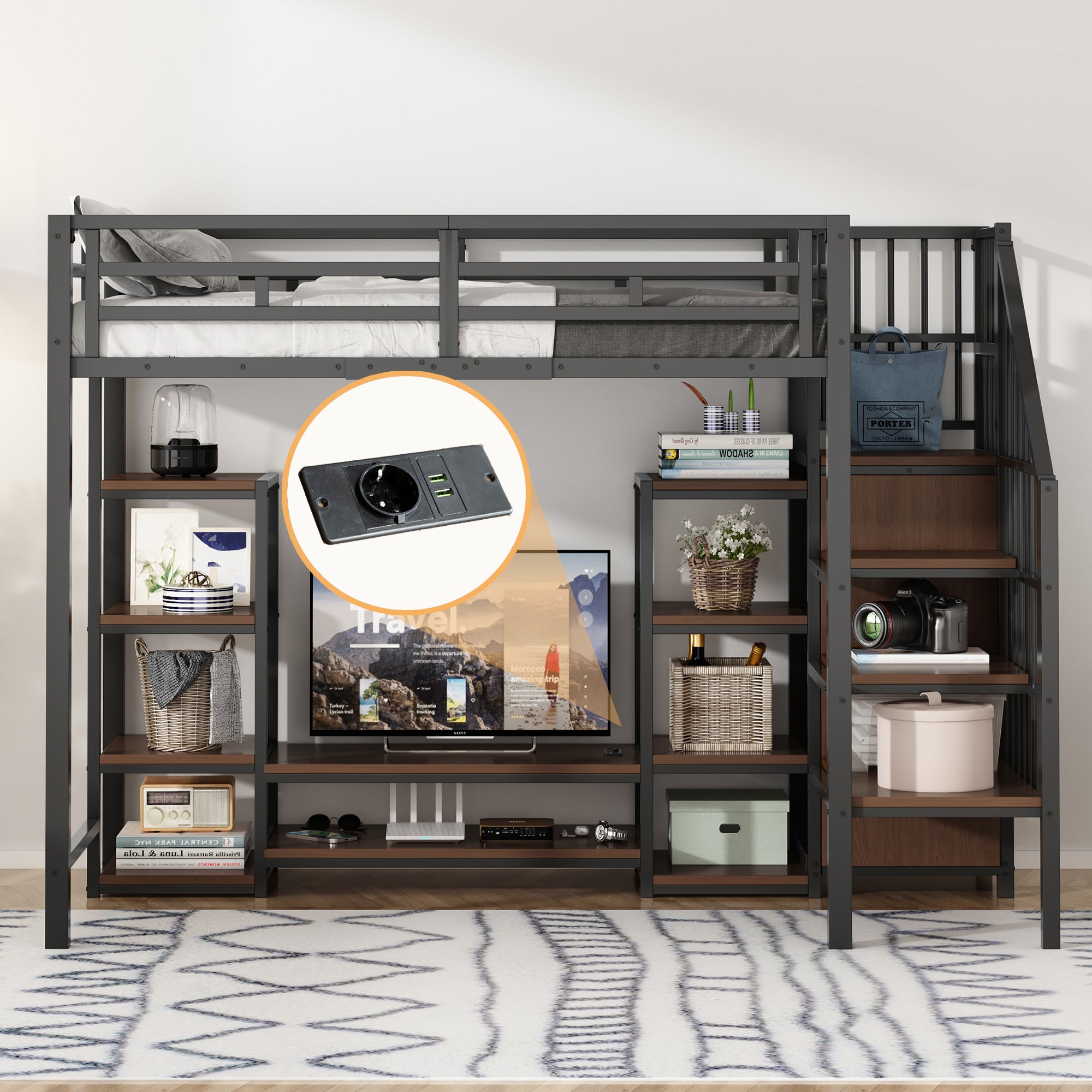 Loft Bed 90x200 with TV Stand, Power Outlet & Ladder, Black