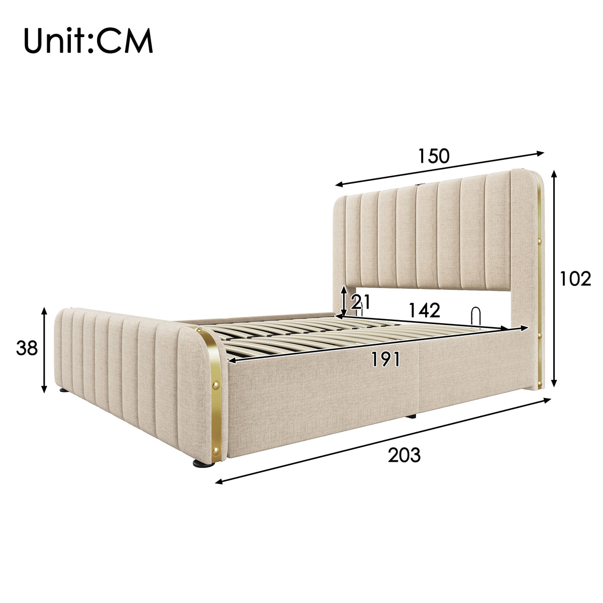 Upholstered Storage Bed 140x190cm with USB Charging, Beige Linen