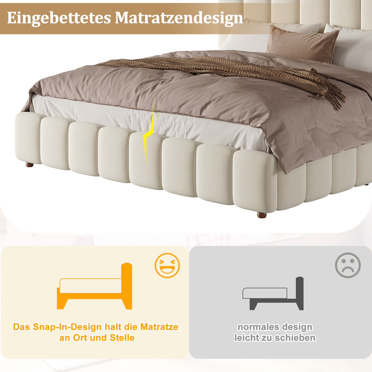 Upholstered Double Bed 160x200cm with Storage, Beige Velvet