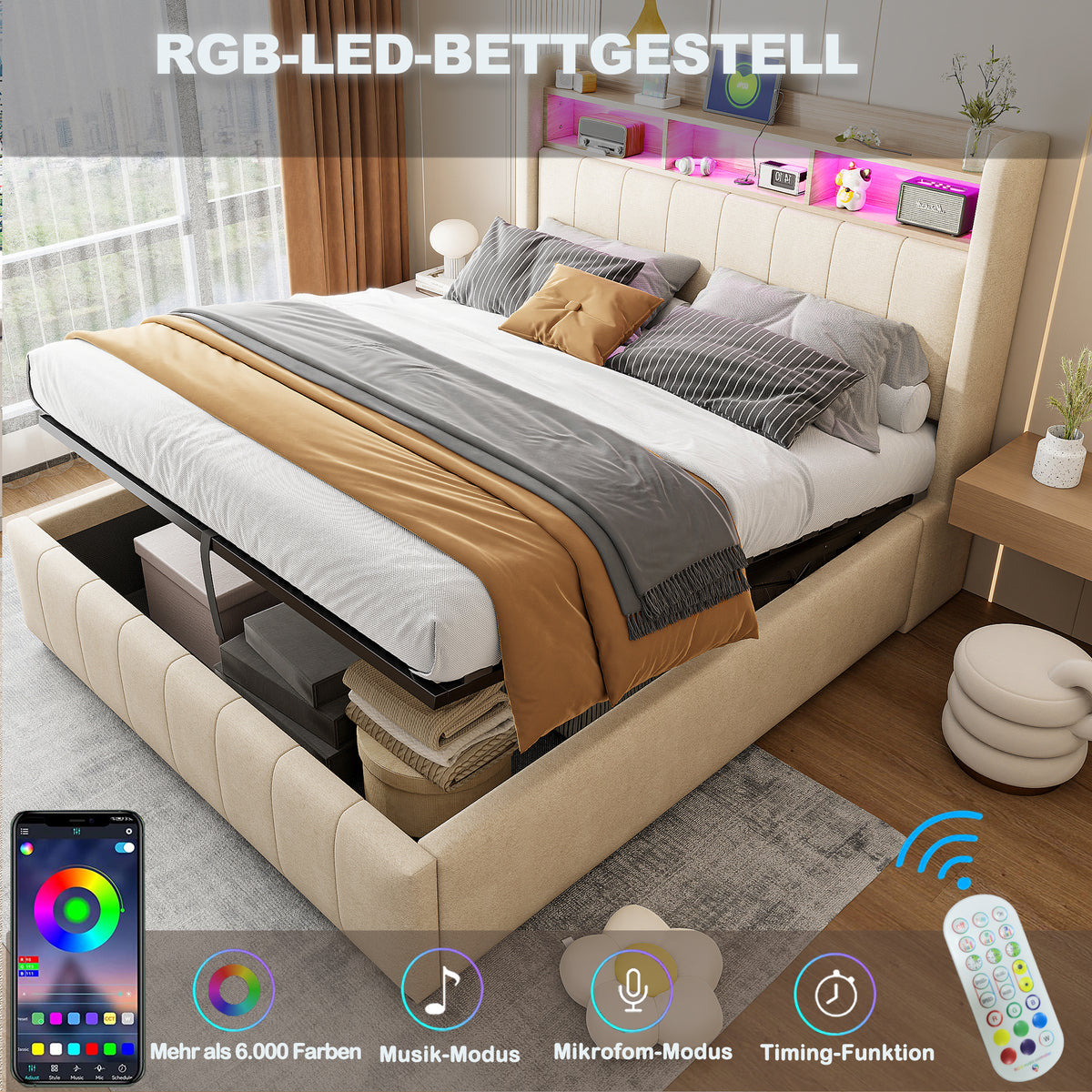 Upholstered Bed 140x200cm with Storage & LED, Beige Linen