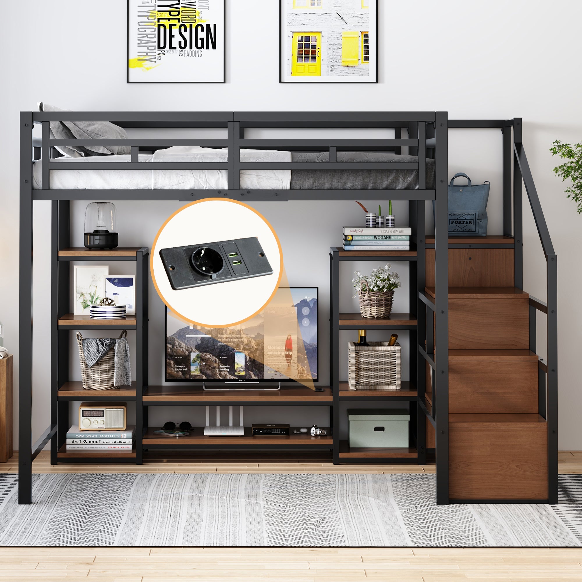 Loft Bed 140x200 with TV Stand & Power Outlet, Black