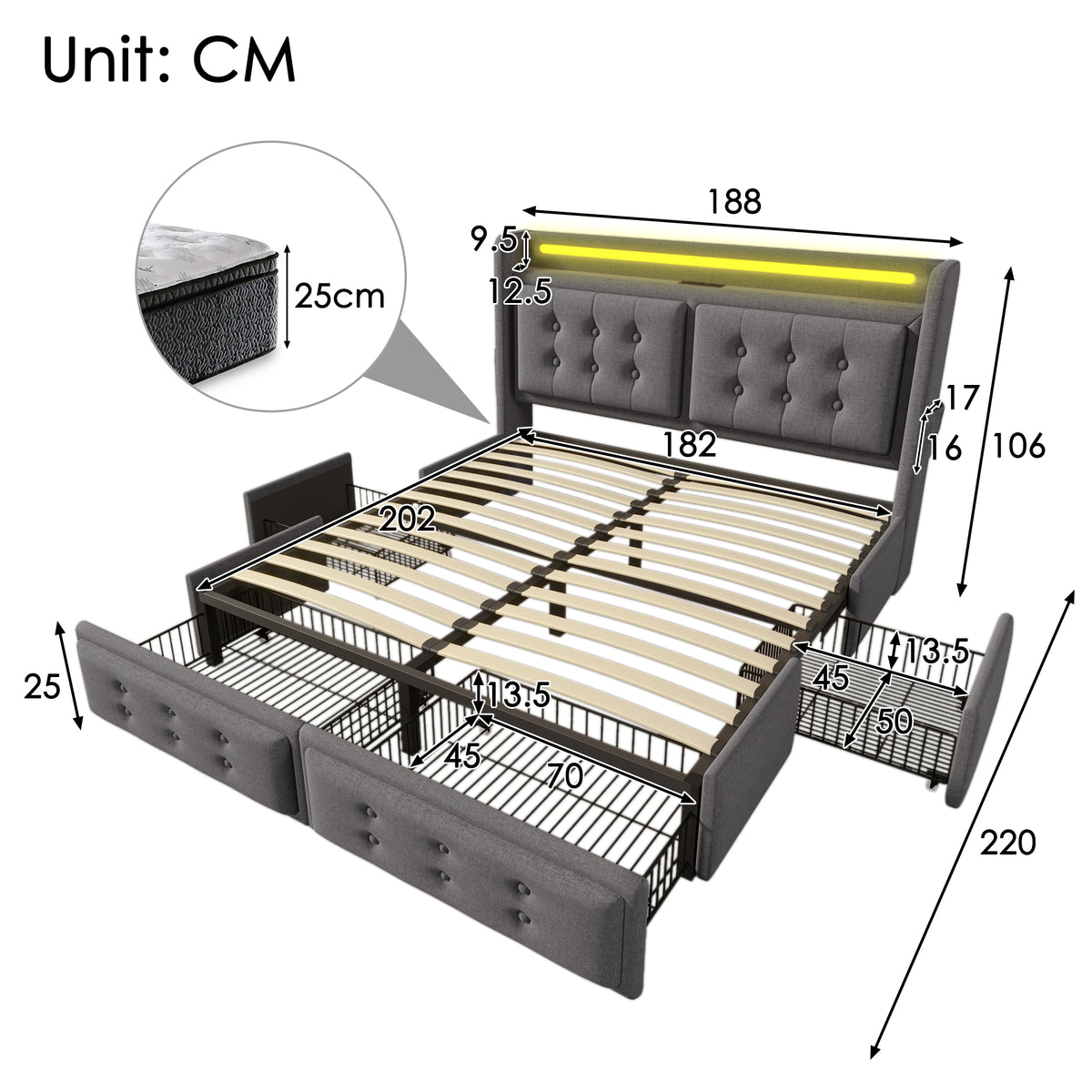 Upholstered Double Bed 180x200cm with LED & 4 Drawers, Grey