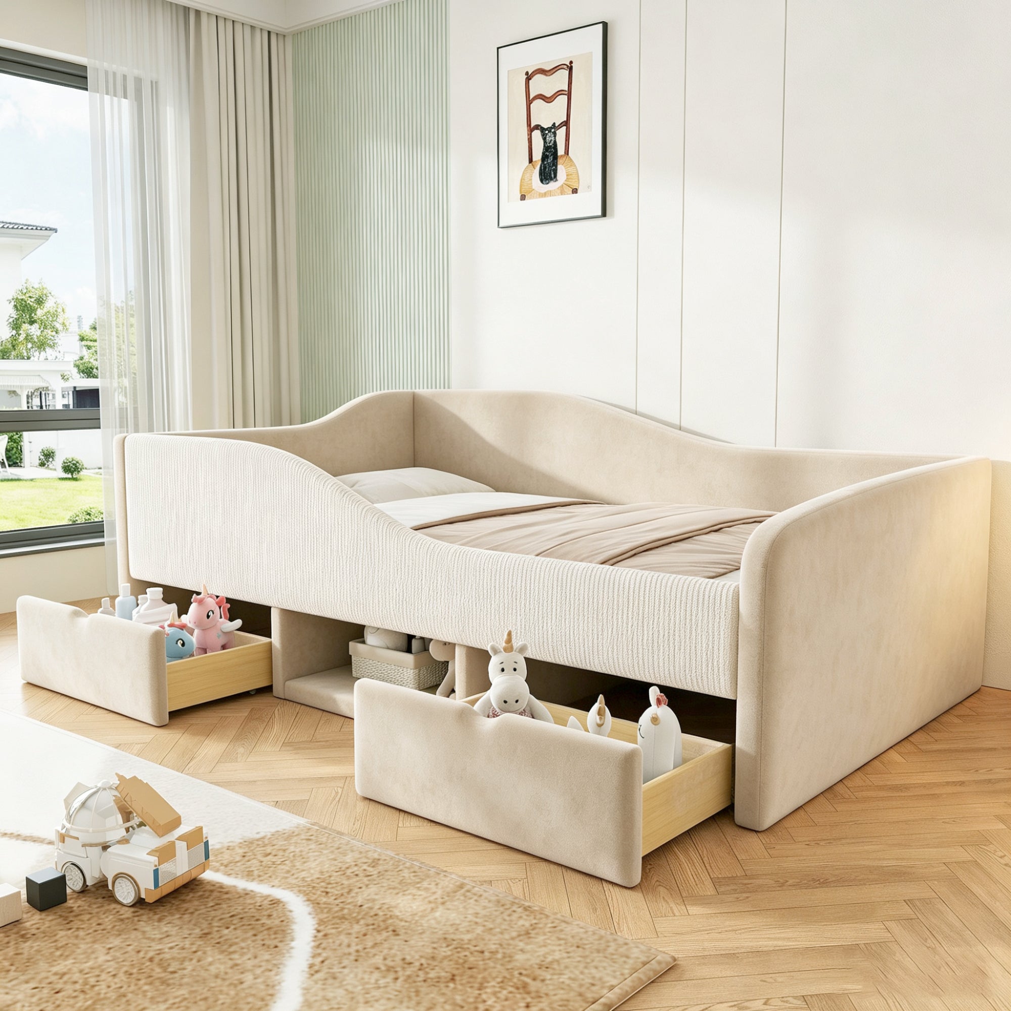 Upholstered Children's Bed 90x190 with 2 Drawers, Beige Velvet