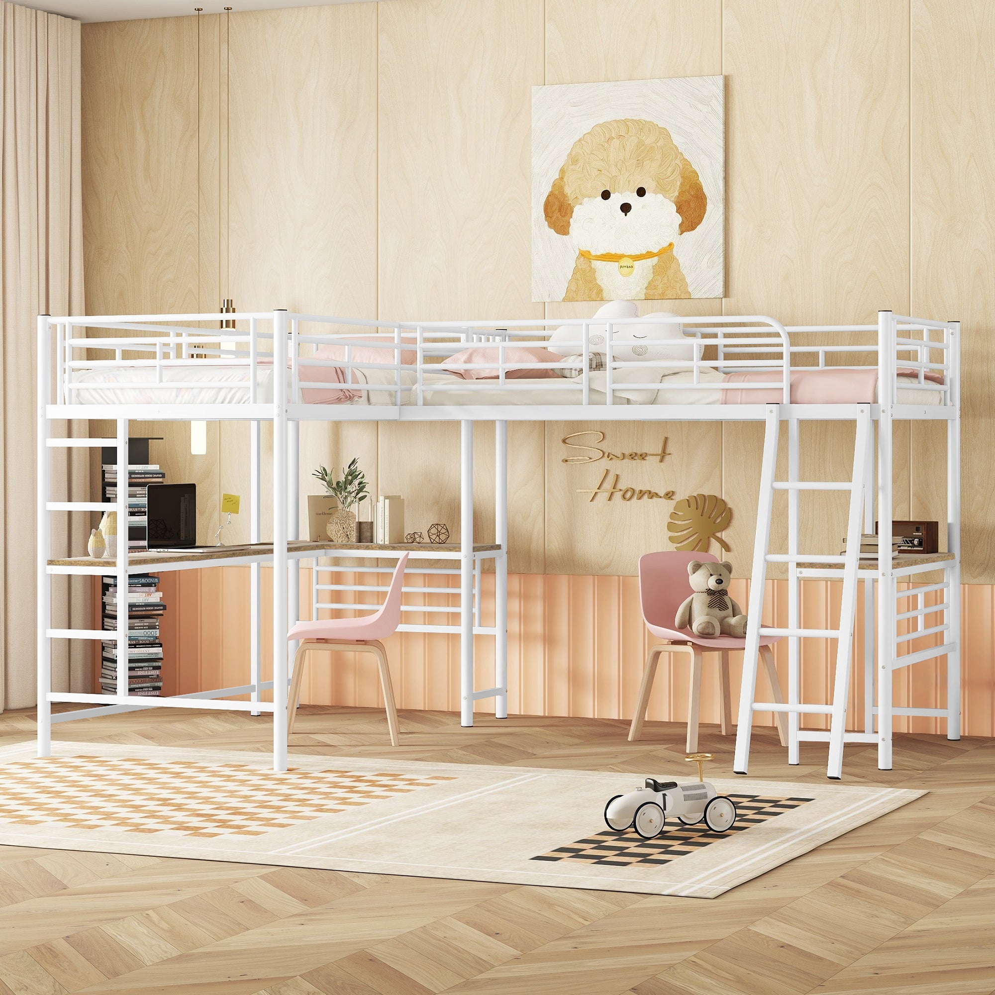 Loft Bed 90x200cm with Desk & Double Staircase, White