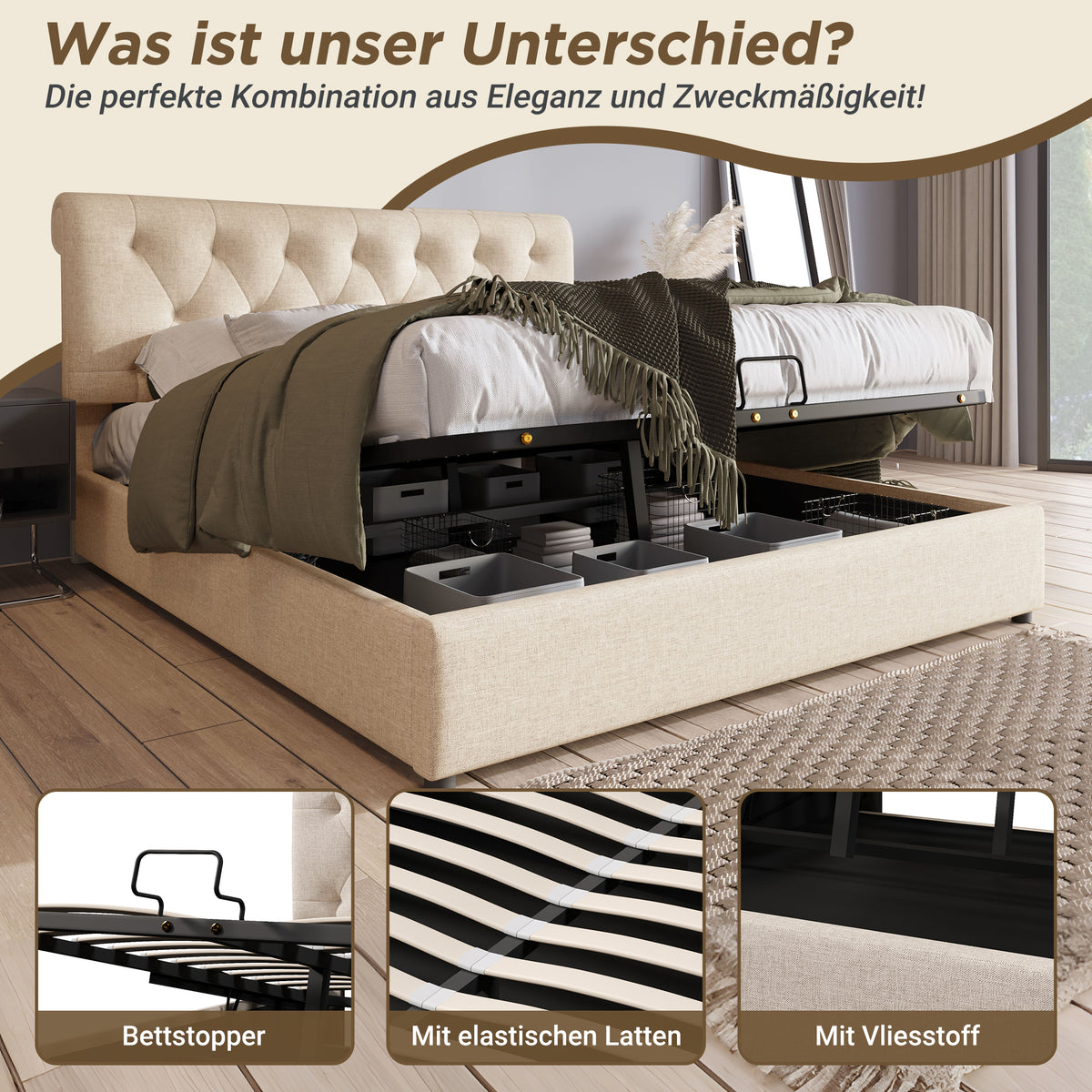 Hydraulic Upholstered Bed 140x200cm with Storage, Natural
