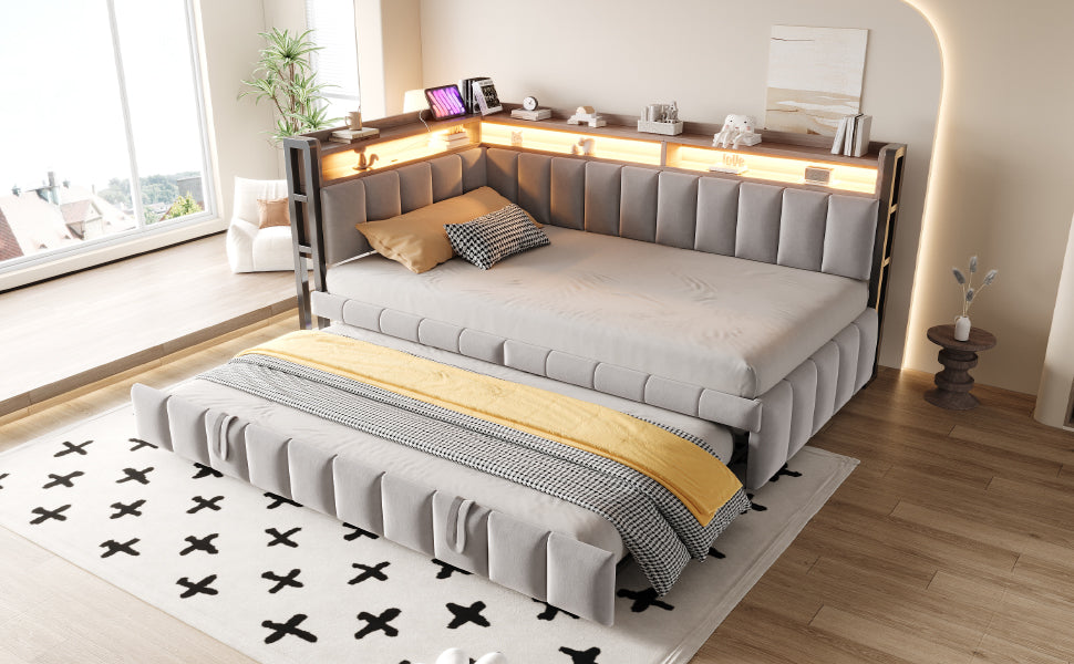 Upholstered Sofa Bed 90x200cm, Pull-Out Bed & LED, Light Grey Velvet