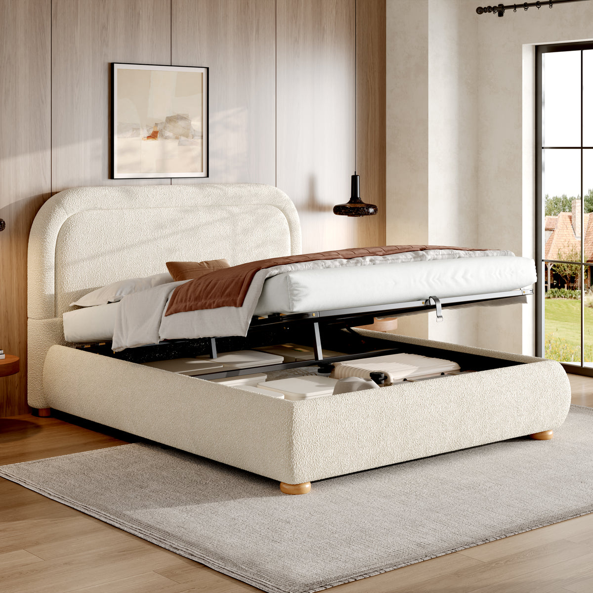 Upholstered Double Bed 140x200 cm with Storage, Beige Bouclé