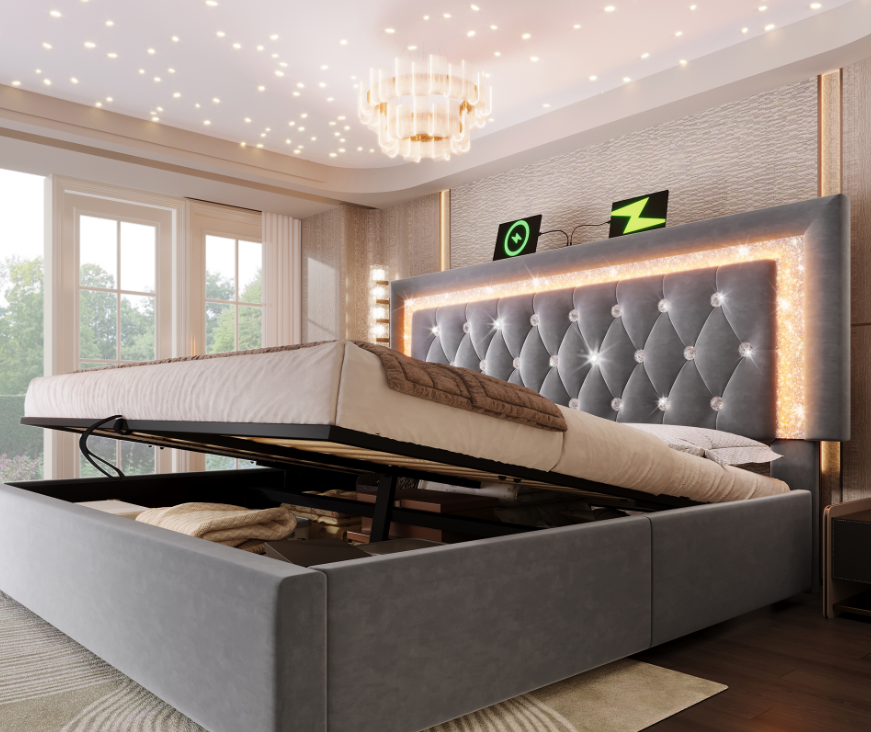Upholstered Bed 160x200cm with LED & Storage, Grey Velvet