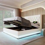 Upholstered Double Bed 180x200 with Storage & LED, White PU
