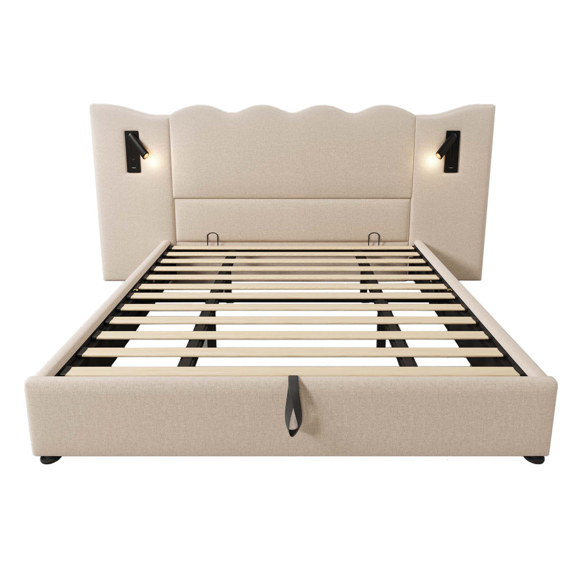 Upholstered Double Bed 180x200 with Lamp & USB, Beige Linen