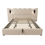 Upholstered Double Bed 180x200 with Lamp & USB Storage - Beige Linen