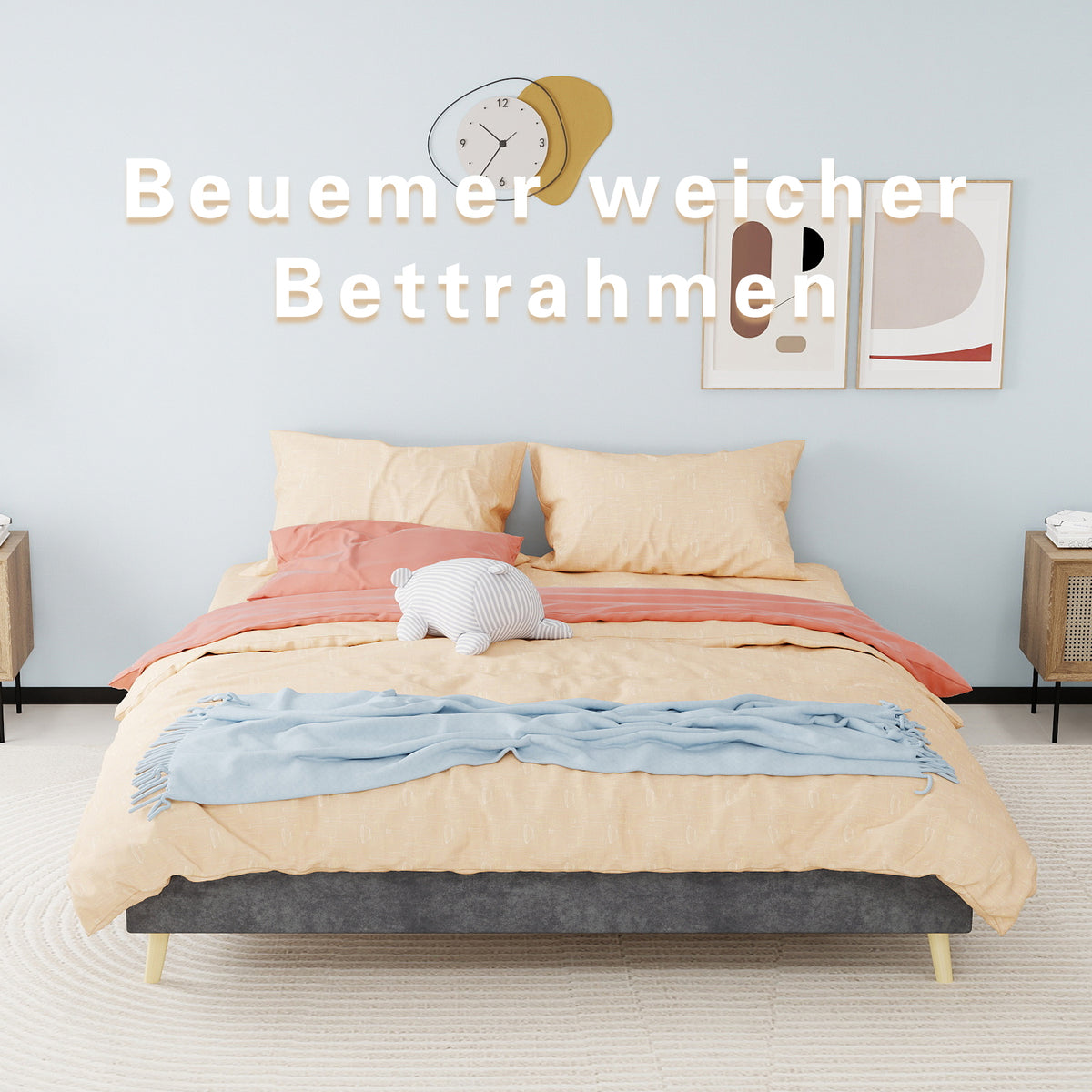 Bed Frame 160x200cm Minimalist Low Box - Gray Dutch Velvet