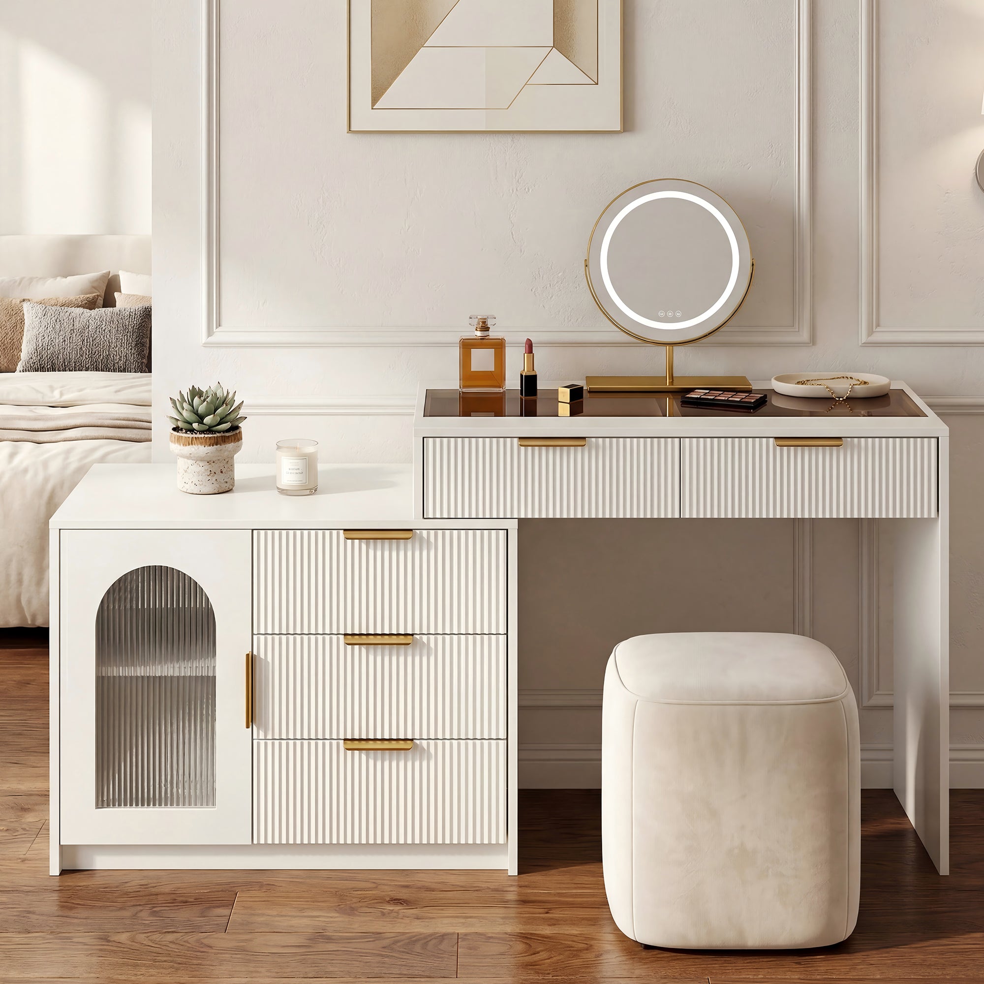 Modern Dressing Table with LED Mirror & Glass Top, White