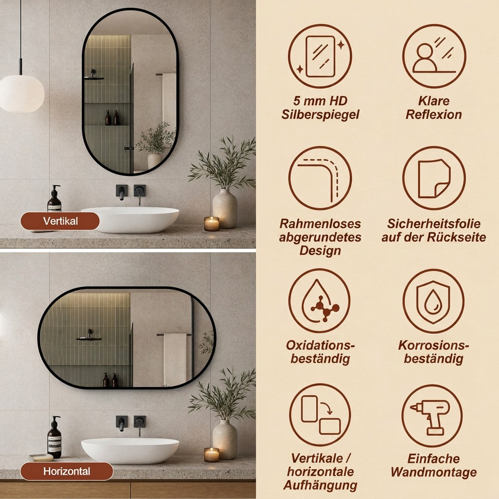 Bathroom Mirror 50x80cm HD Wall Mounted Black Aluminum Frame