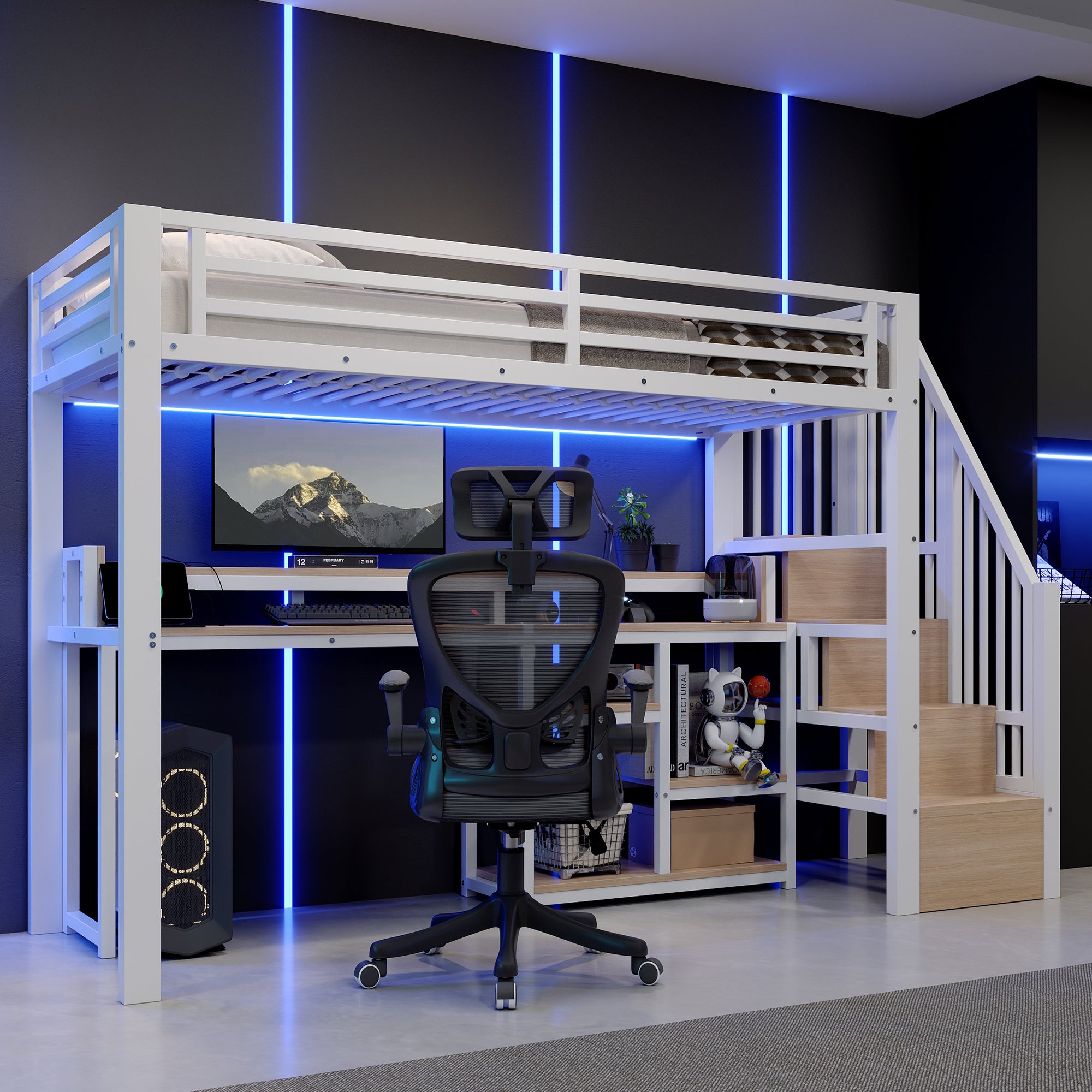 Loft Bed 90x200cm with Ladder Storage & LED, White Metal Frame