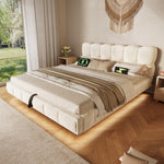 Upholstered Bed 140x190cm, Hydraulic Storage & LED, Beige Chenille