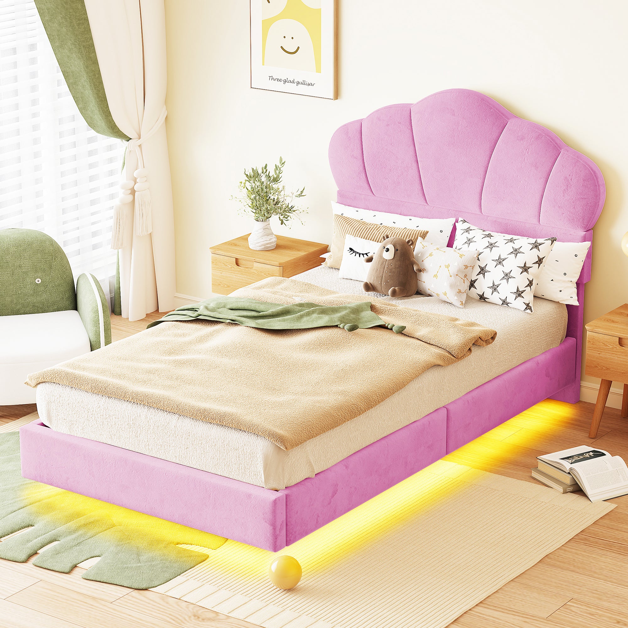 Upholstered Bed 90x200cm, Cloud Headboard & LED, Pink Velvet