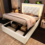 Upholstered Bed 90x200cm with LED & Storage, Beige Velvet