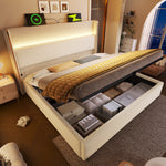 Modern Hydraulic Double Bed 180x200 LED USB Storage, Beige Linen