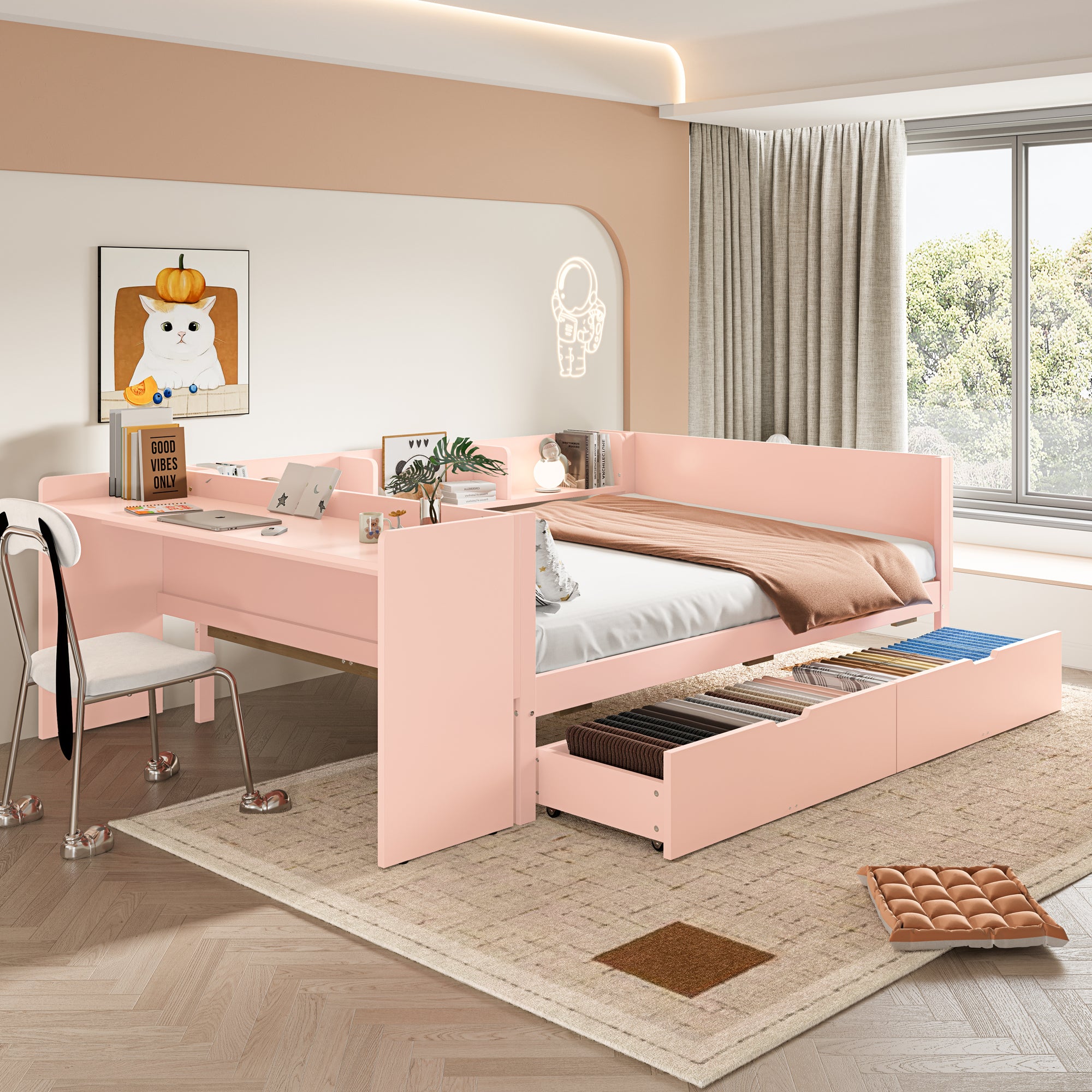 Wooden Double Bed 140x200cm with Desk & Drawers, Pink Pine