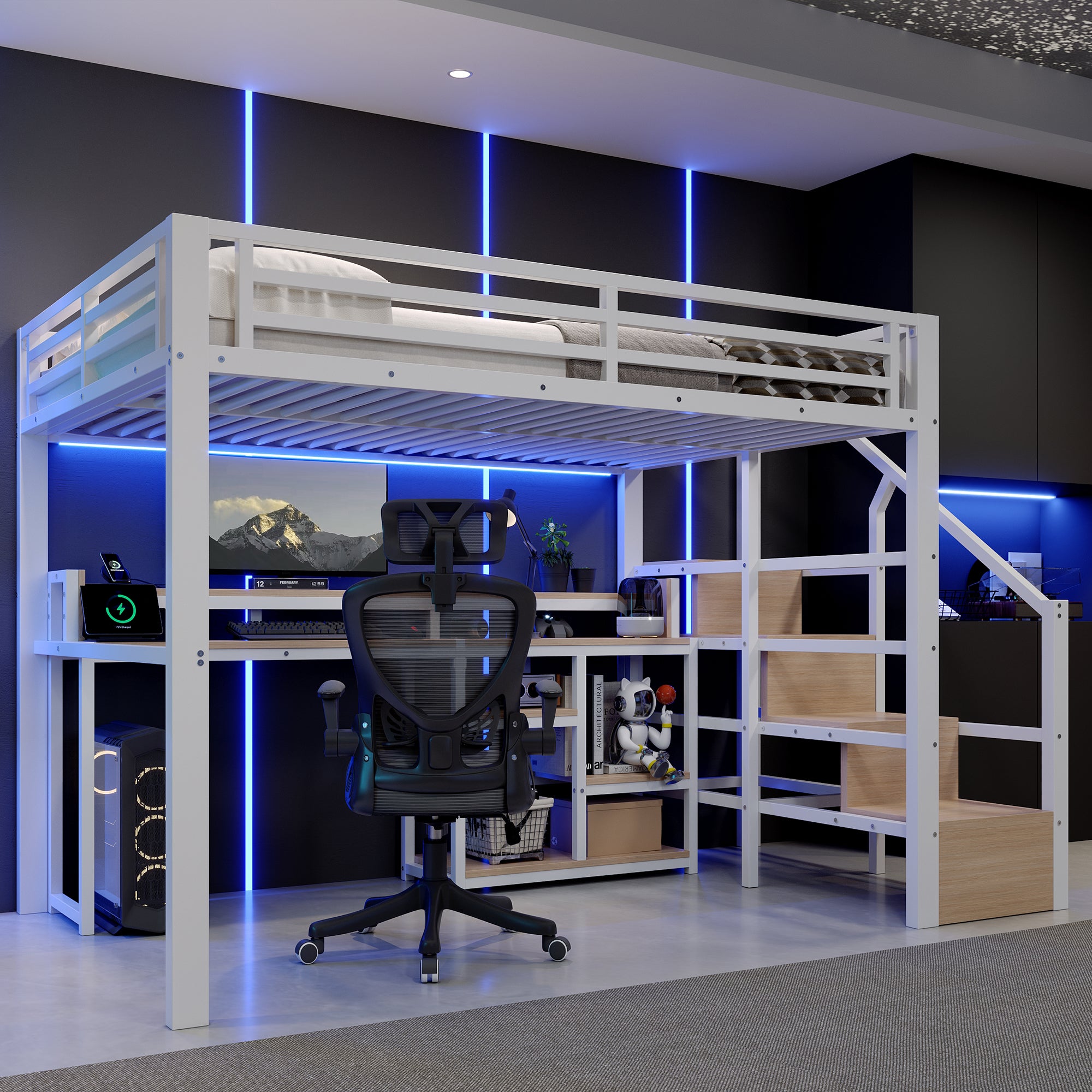 Loft Bed 140x200cm with Ladder Cabinet & LED, White Metal