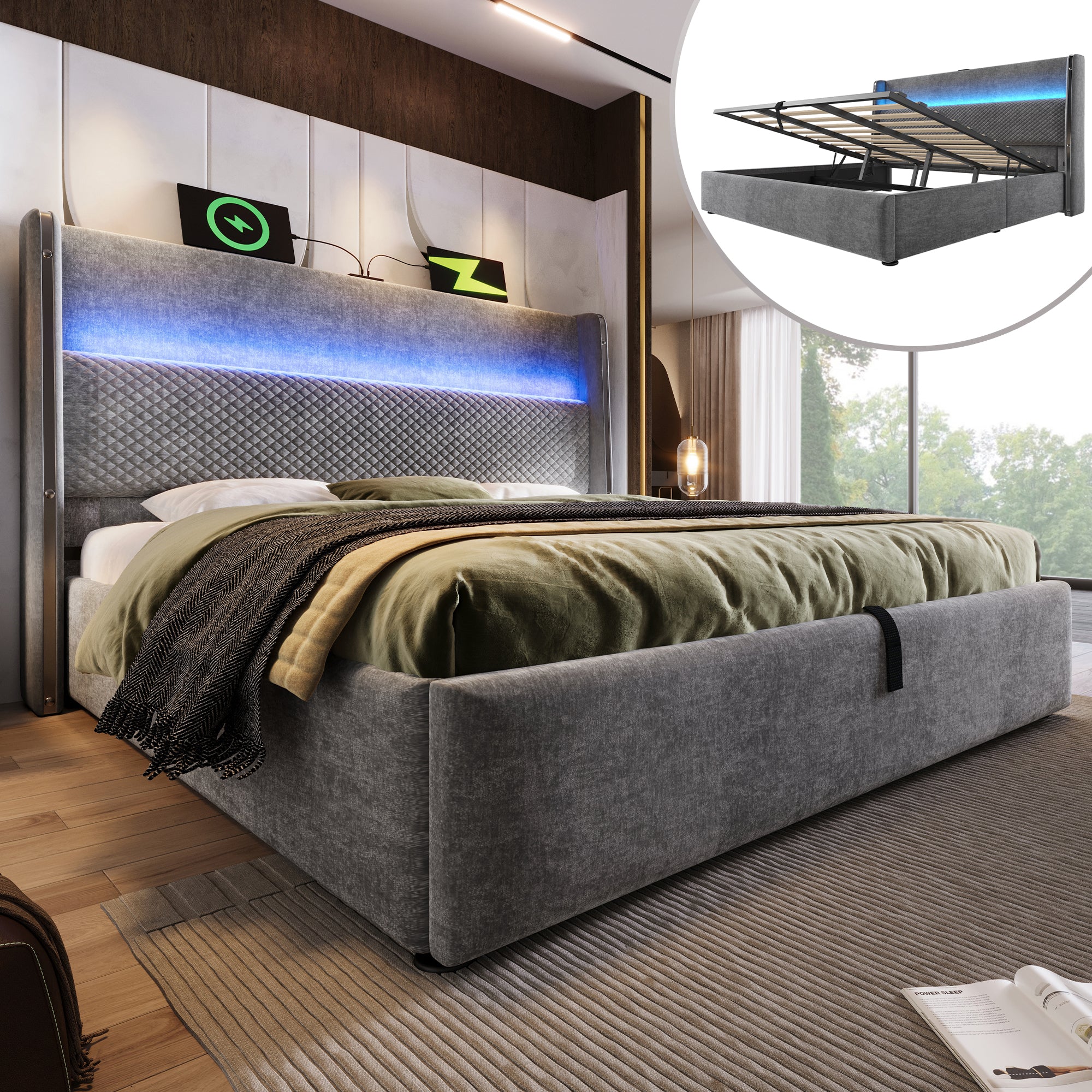 Hydraulic Double Bed 160x200 with LED, Storage & USB, Grey Linen