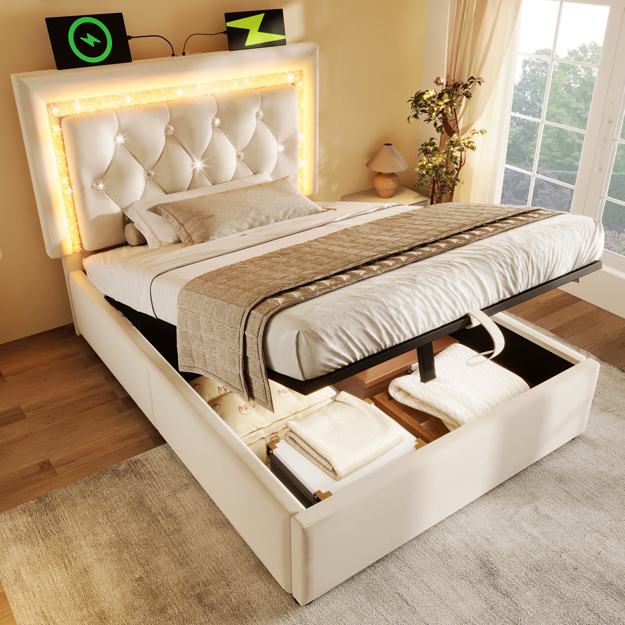 Upholstered Single Bed 90x200cm with LED & Storage, Beige Velvet