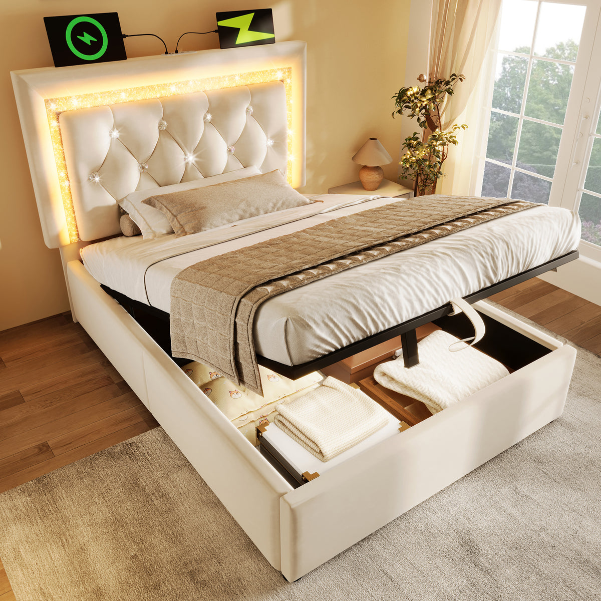 Upholstered Bed 90x200cm with LED & Storage, Beige Velvet