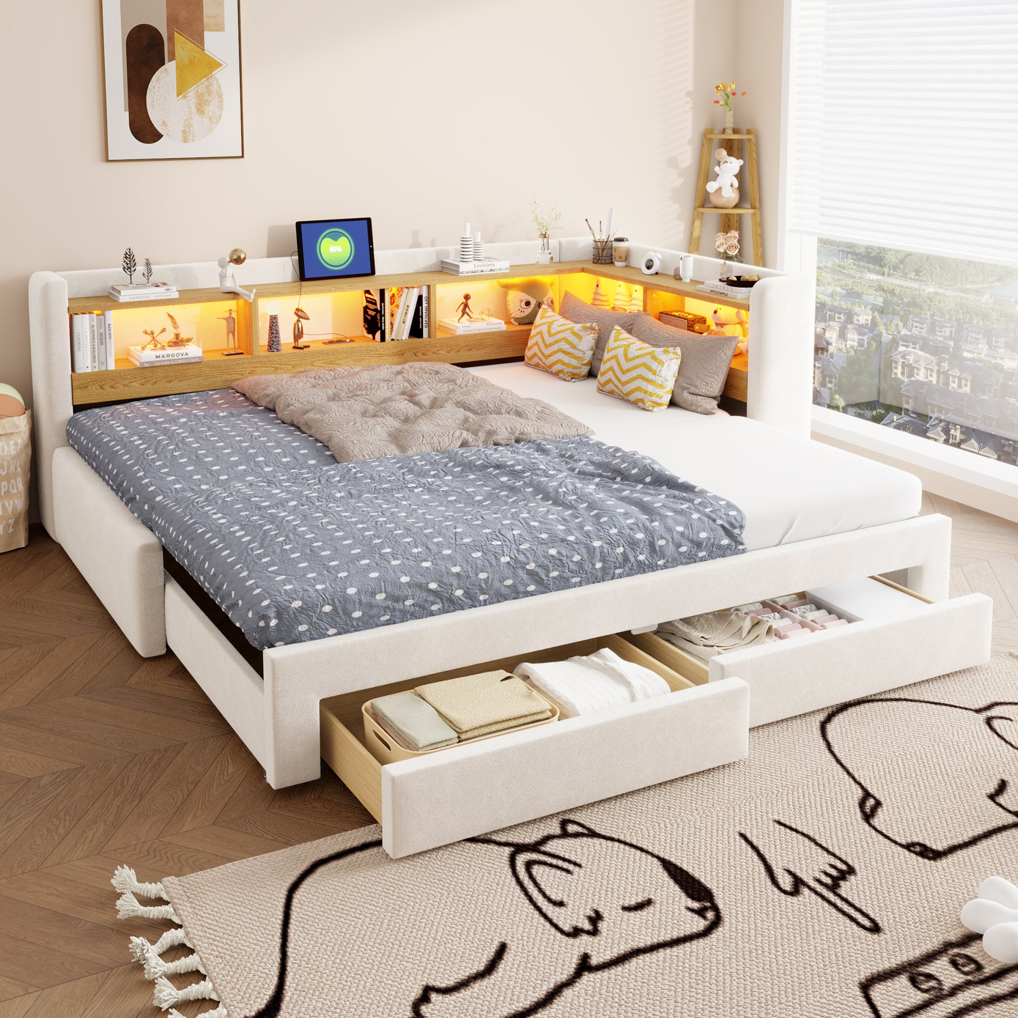 3-in-1 Sofa Bed 90x200 Extendable Daybed with LED & Drawers