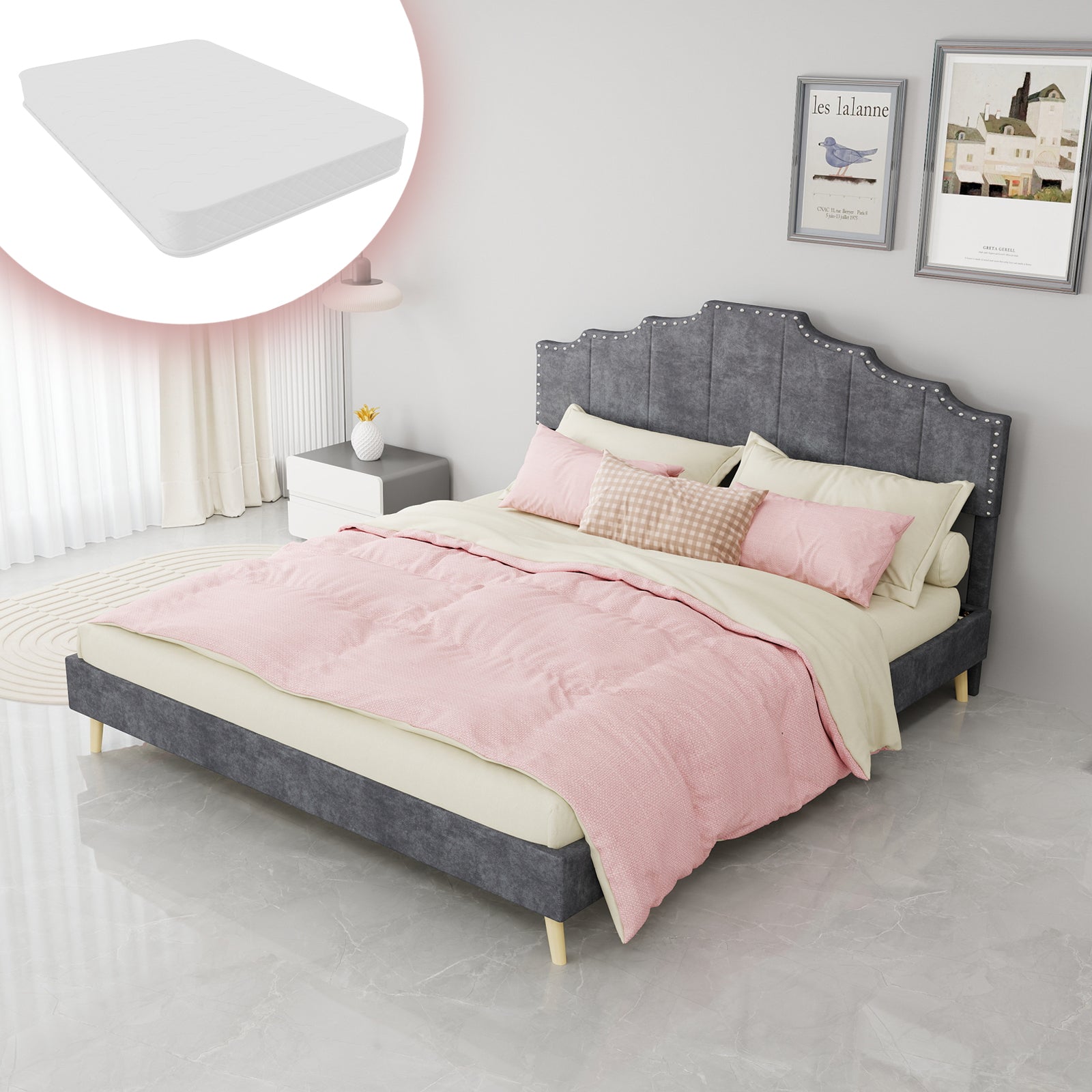 Modern Minimalist Soft Bed 160x200cm with Mattress, Gray