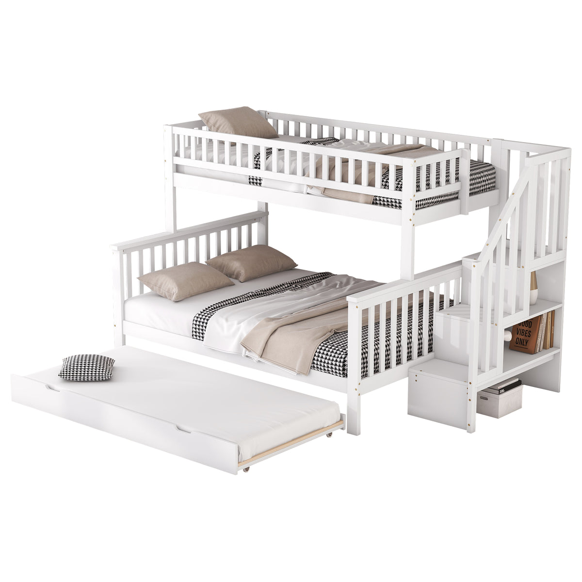 Bunk Bed 90x200/140x200cm with Stairs & Storage, Pine White