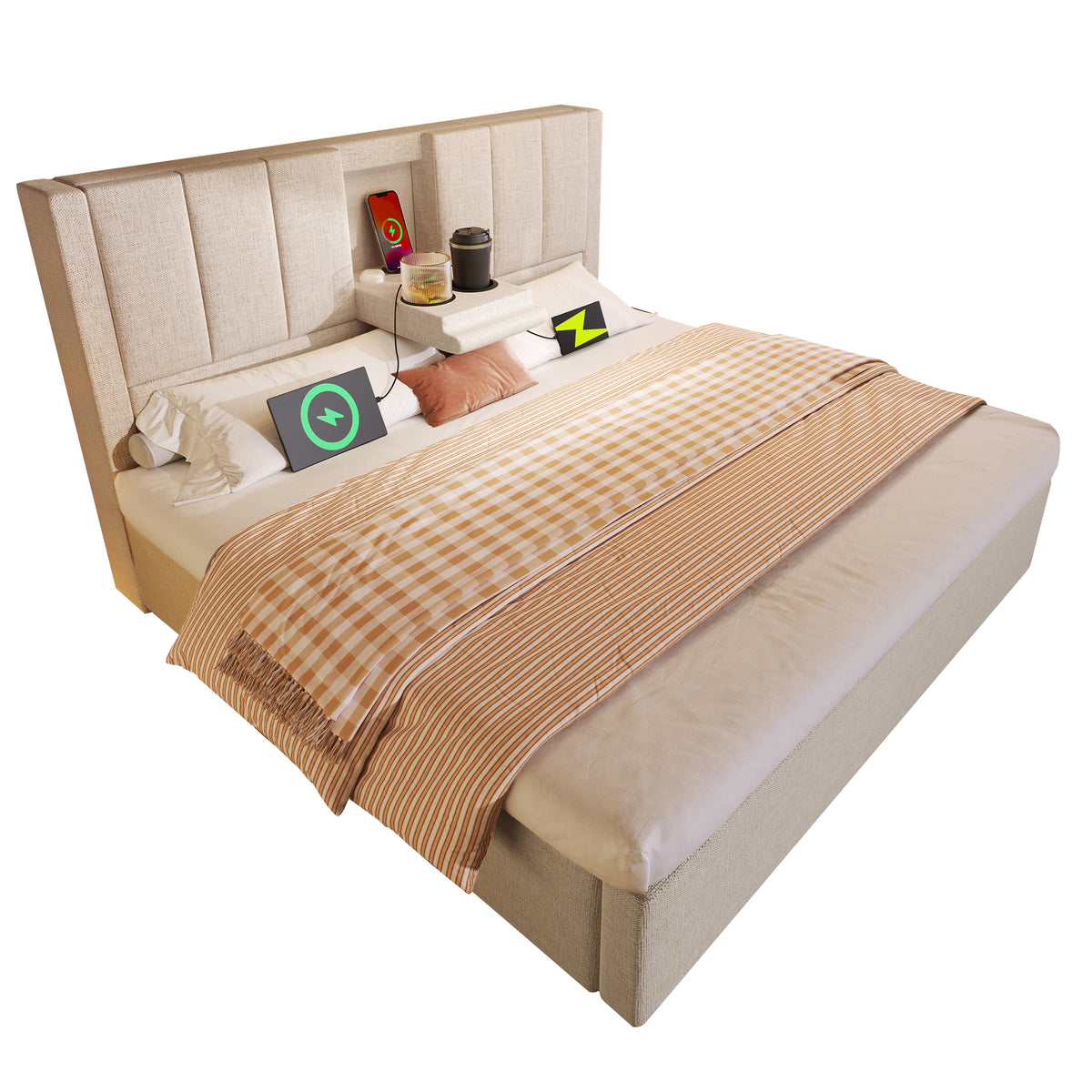 Upholstered Double Bed 180x200cm Hydraulic Storage, Linen Beige