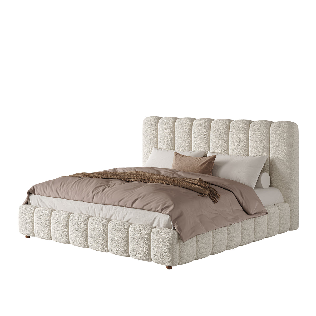 Upholstered Double Bed 180x200cm with Storage, White Bouclé