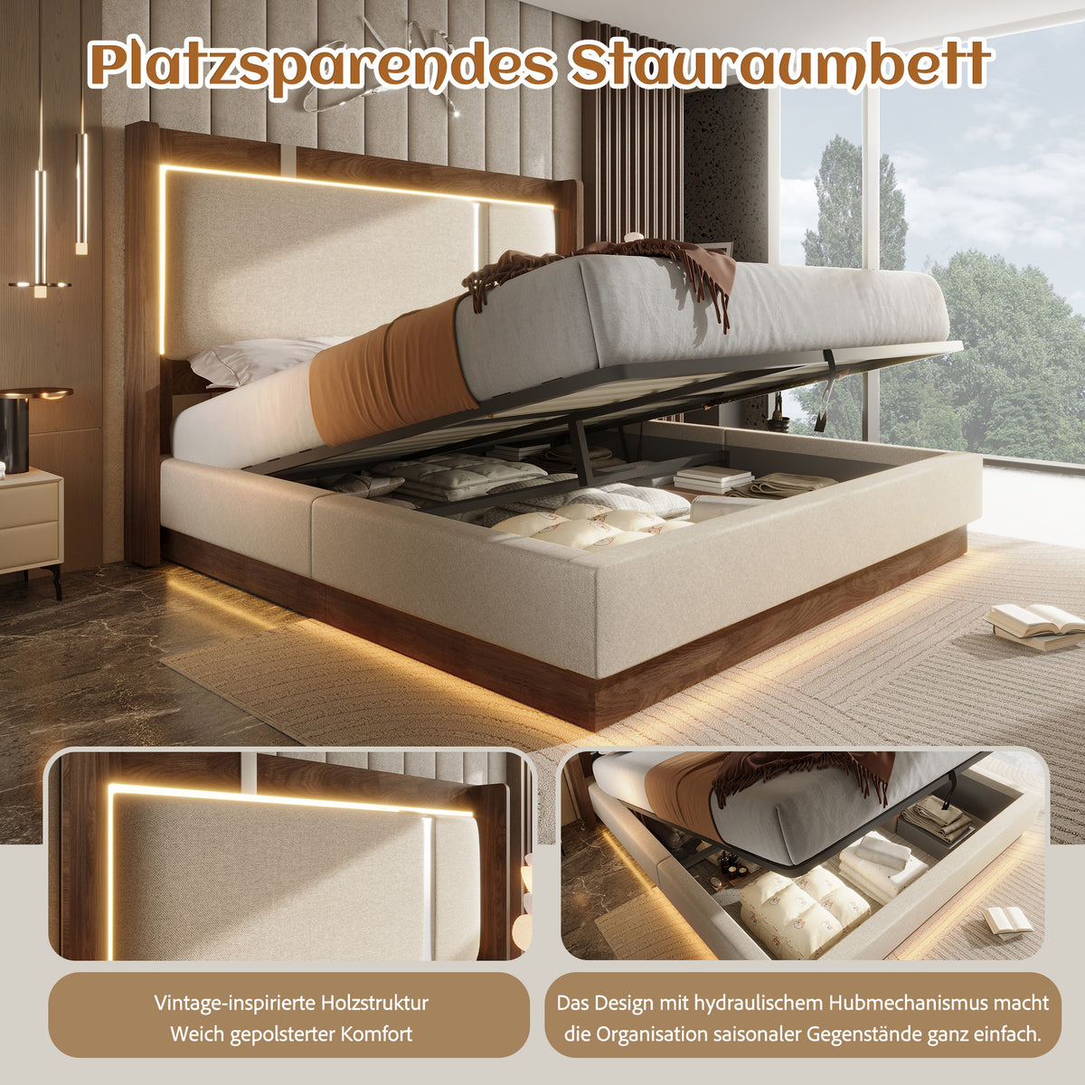 Double Upholstered Bed 140x200 with LED & Storage, Beige Linen