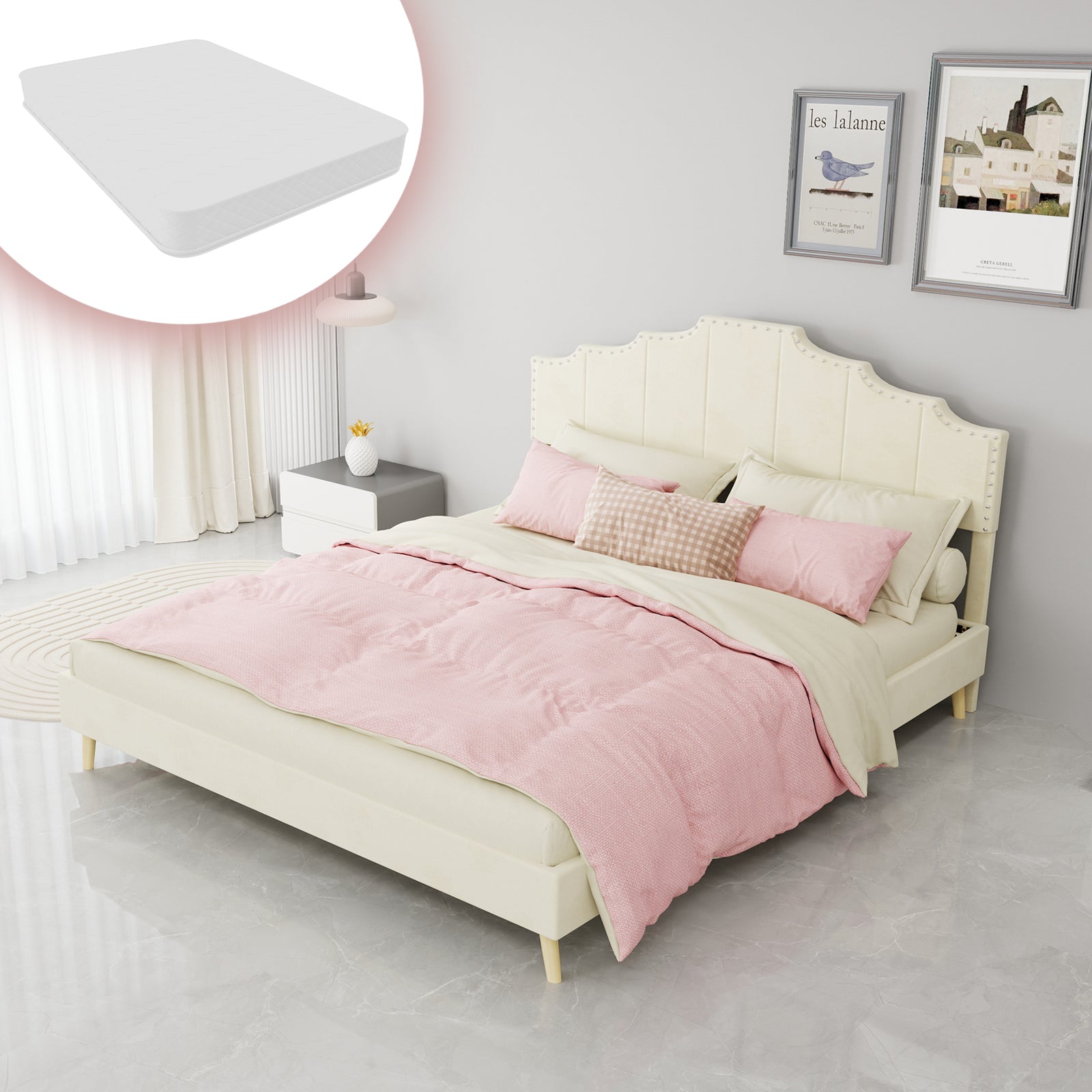 Modern Minimalist Soft Bed with 160x200cm Mattress, Beige