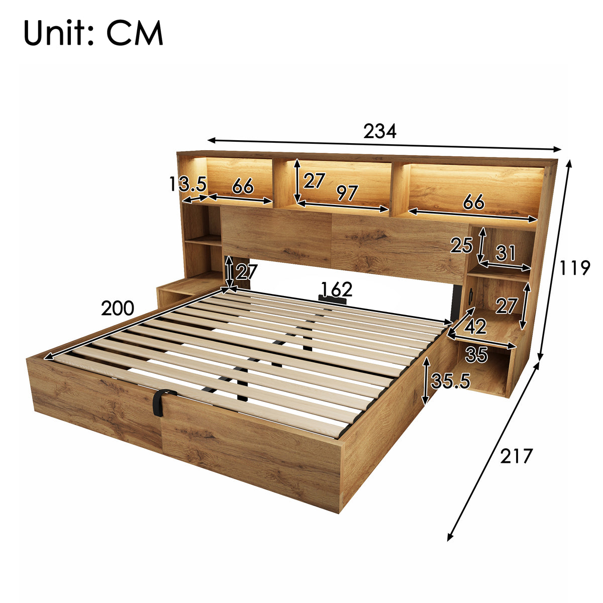 System Storage Bed 160x200 with Mattress, LED & USB-C, Oak Look