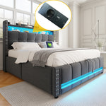 Upholstered Bed 160x200cm with LED & Storage, Grey Linen