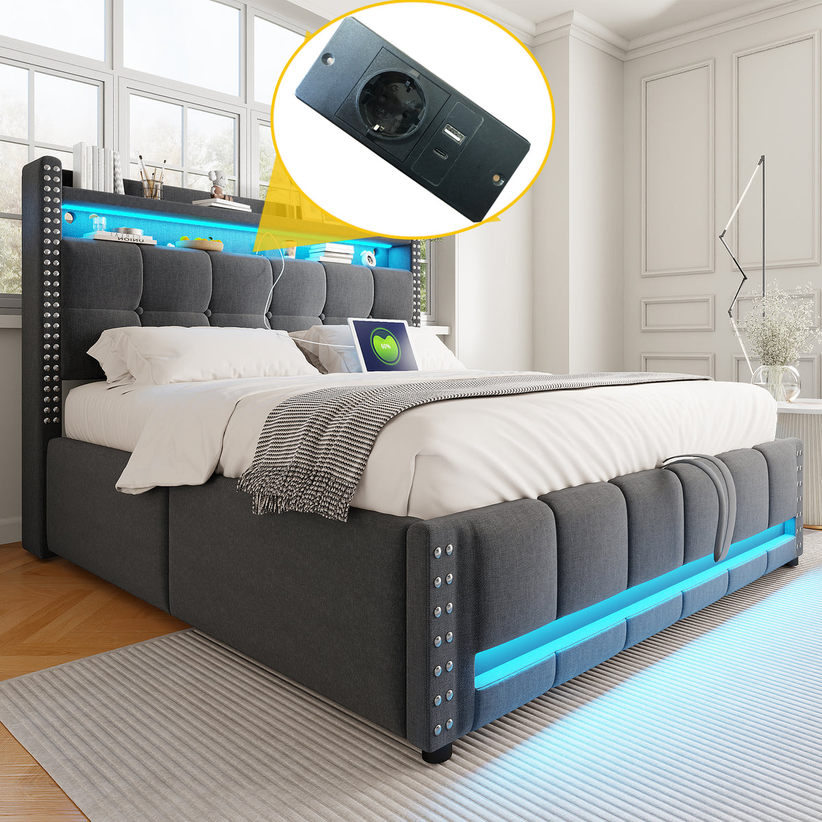 Upholstered Bed 160x200cm with LED & Storage, Grey Linen