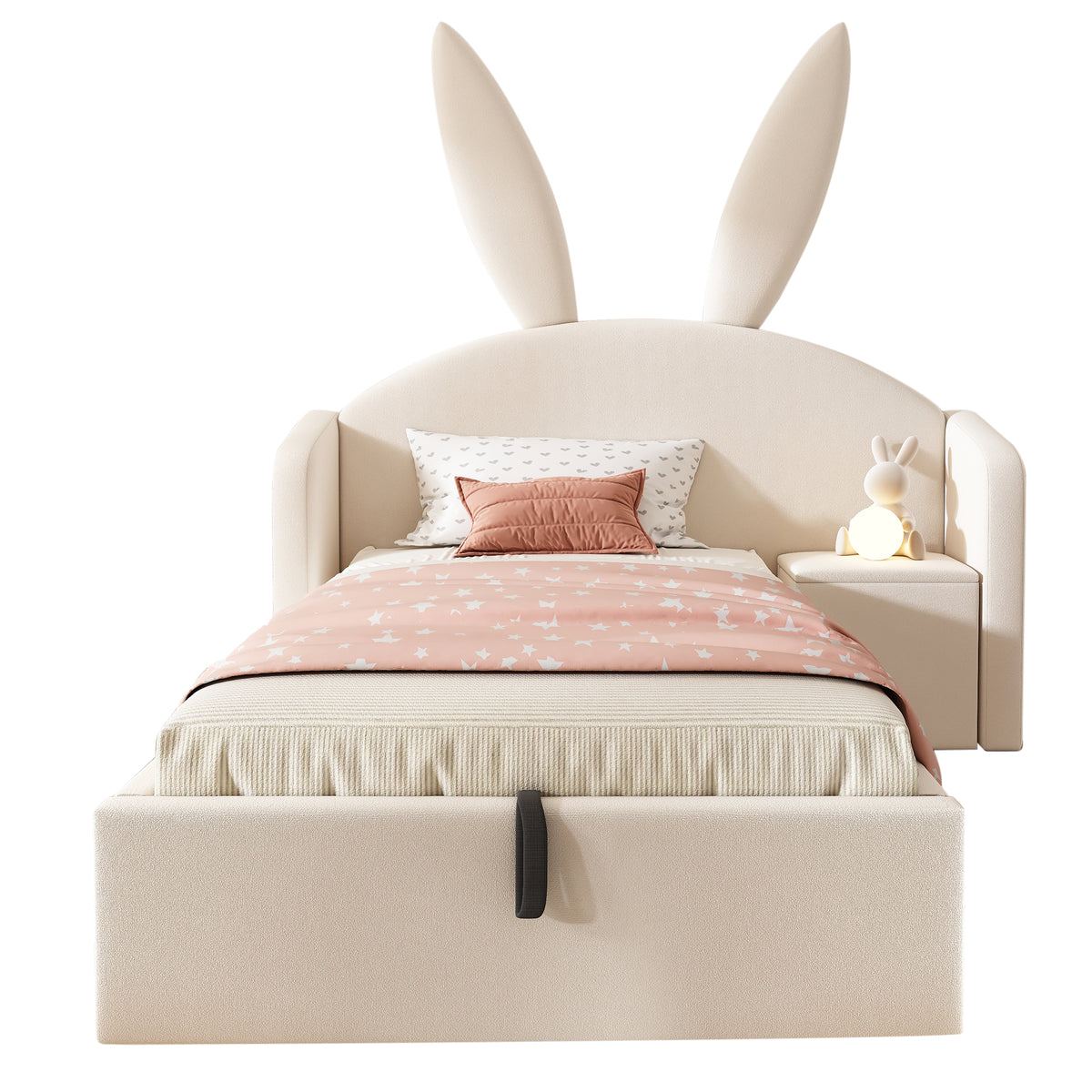 Bunny Ear Kids Bed 90x190cm, Hydraulic Storage, Beige Velvet