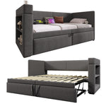 Upholstered Daybed 90x200cm with Trundle & USB, Grey Linen