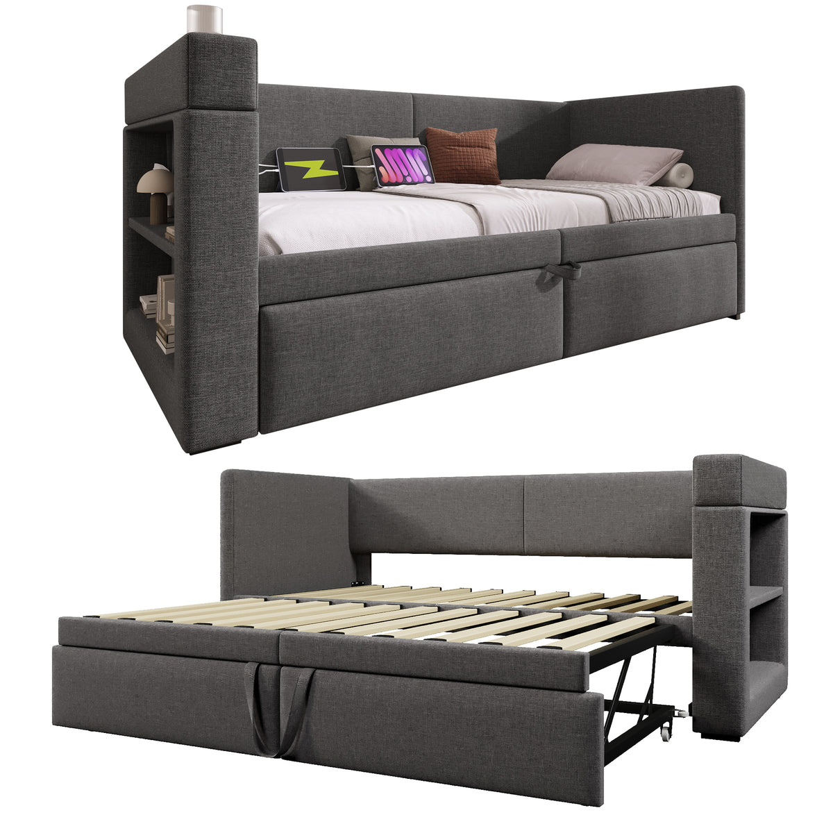 Upholstered Daybed 90x200cm with Trundle & USB, Grey Linen