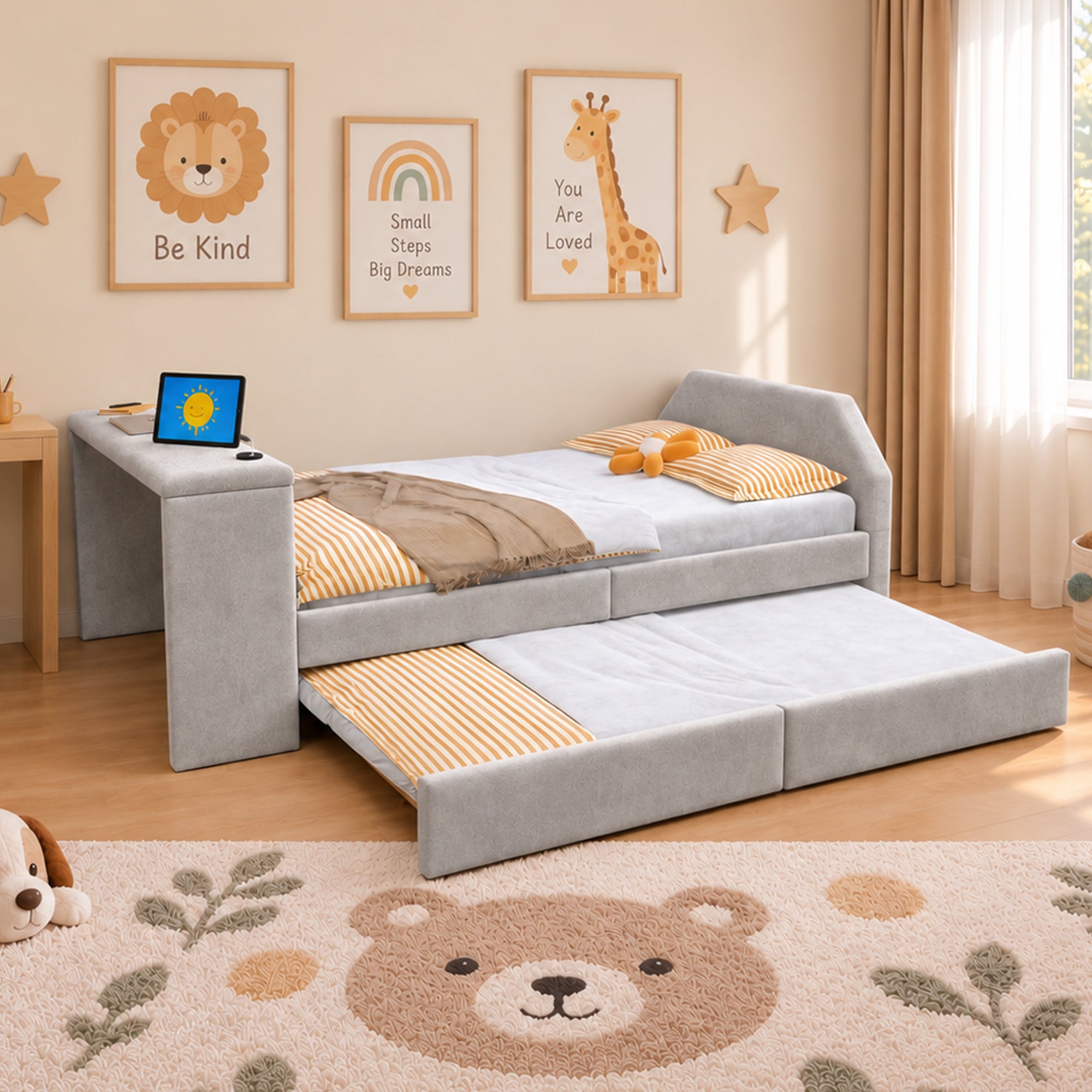 Upholstered Kids Bed 90x200 with Desk & Trundle, Grey Velvet