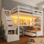 Loft Bed 90x200 with Desk, Shelves & Storage Stairs, White