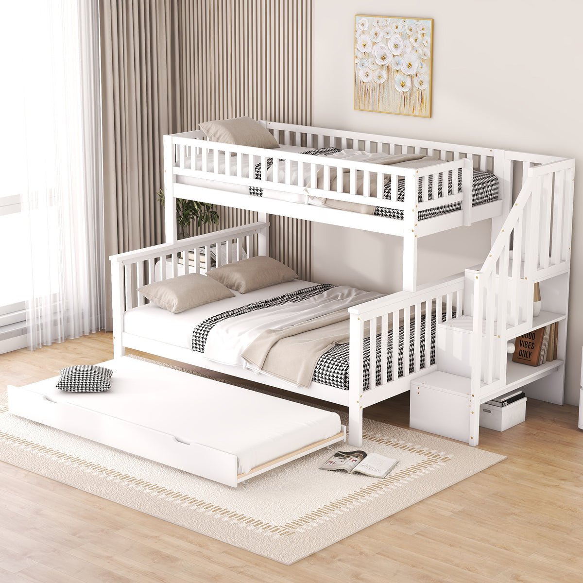 Bunk Bed 90x200/140x200cm with Stairs & Storage, Pine White