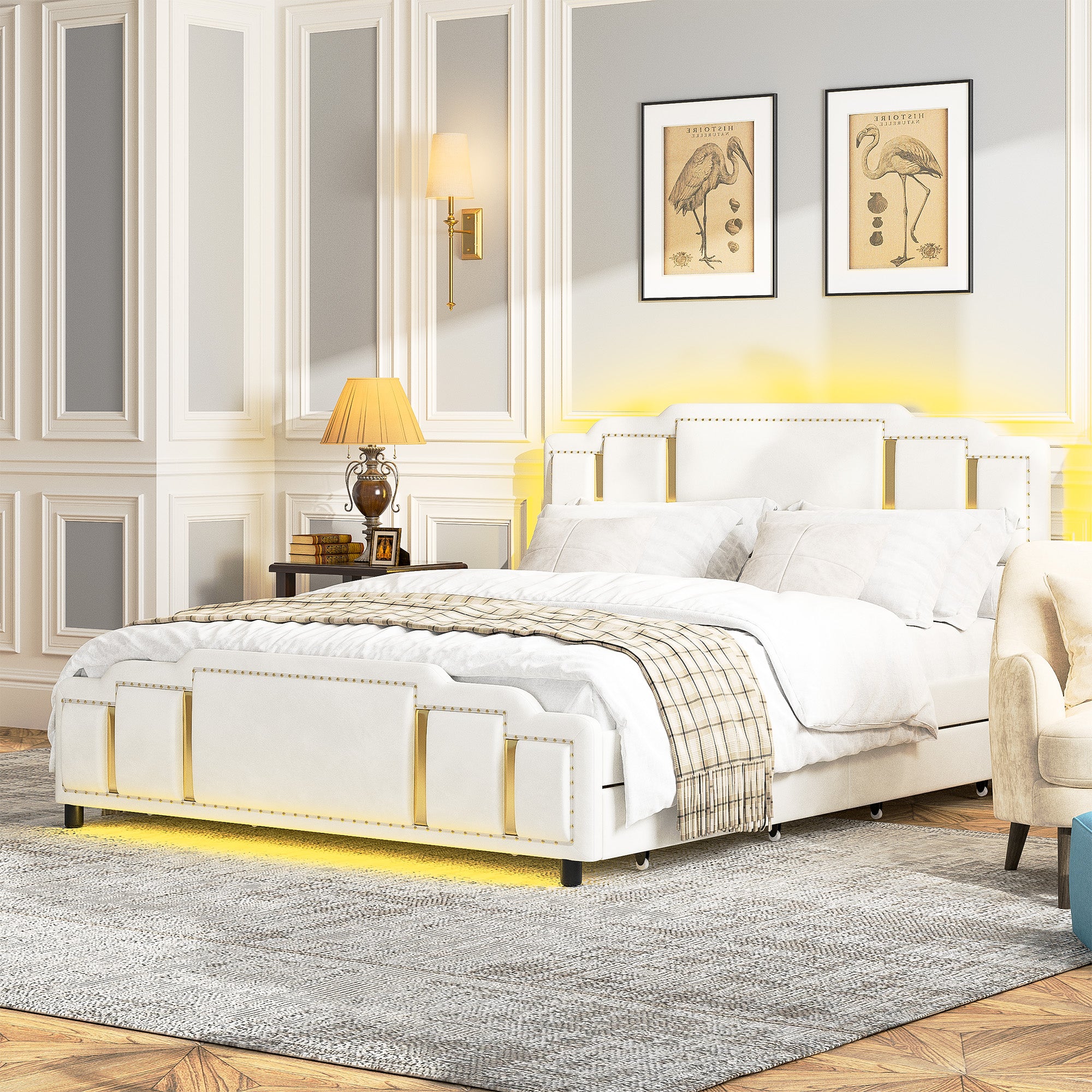 Double Bed 160x200cm with USB, LED & 4 Drawers, Dark Gray Linen