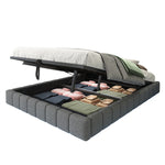 Upholstered Floating Bed 140x200 Hydraulic Storage LED, Grey Linen