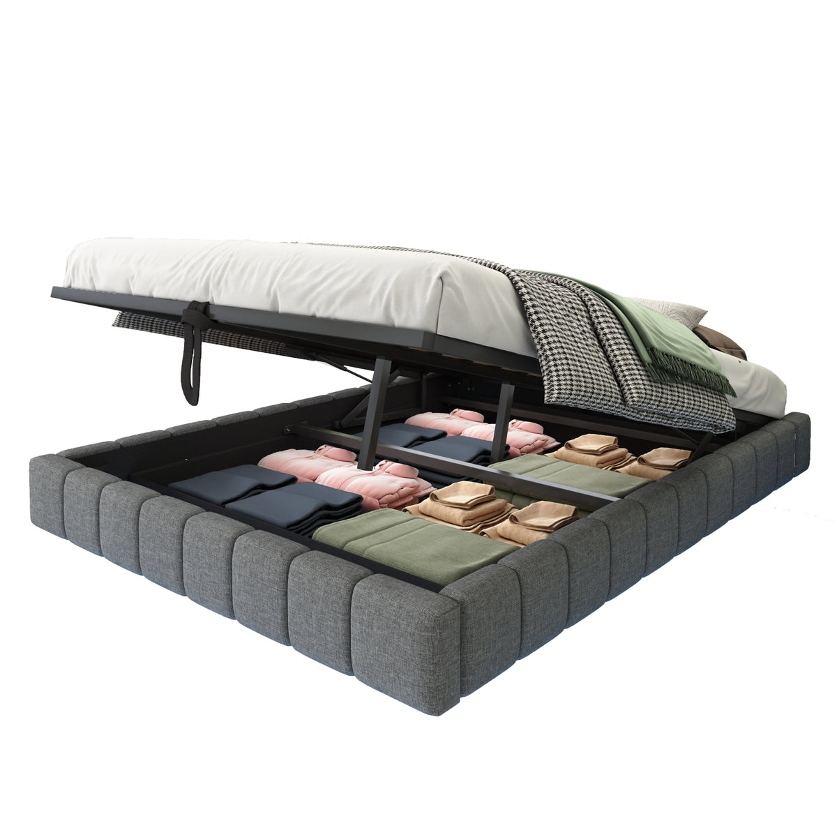 Upholstered Floating Bed 140x200 Hydraulic Storage LED, Grey Linen
